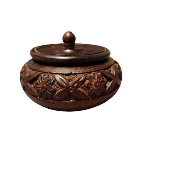 Handmade Vintage Carved Wooden Trinket Box With Lid Floral Design 3.5 Inch Heigh - Picture 3 of 14